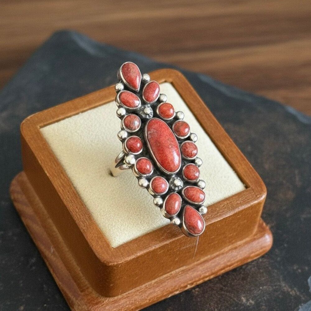 Red Coral Sterling Silver Cluster Statement Ring Large Bohemian Cocktail Ring